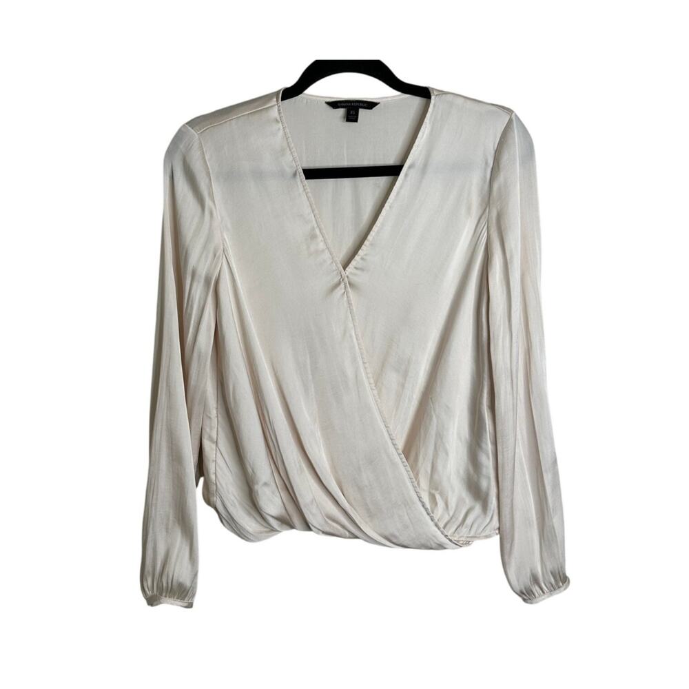 Banana Republic Blouse Womens XS Cream Surplice V-Neck Long Sleeve Balloon Hem